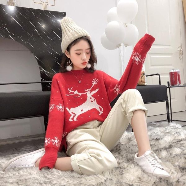 

women's sweaters autumn and winter fashion christmas deer sweater female 2021 loose round neck pullover knitting shirt women, White;black