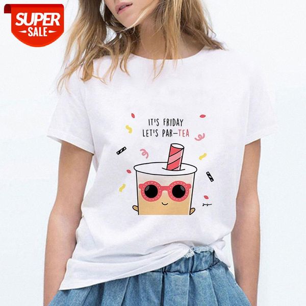 

cute pearl milk tea printed short sleeve women's t-shirt fashion girlfriends #ec3m, White