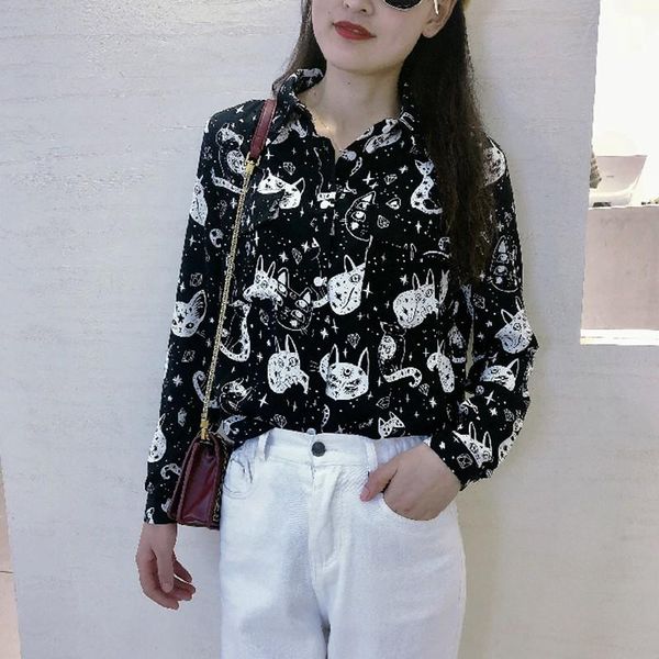 

women 2021 fashion turn-down collar long sleeve shirt korean ladies cute cat print loose casual blosues roupas feminina# women's blous, White