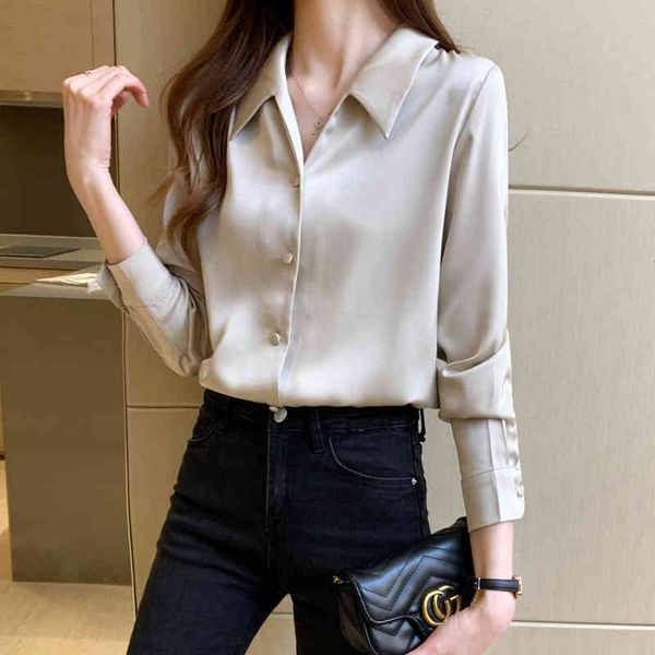 

korean women silk blouse satin shirts woman long sleeve blouses for v neck elegant plus size 210427, White