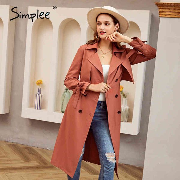 Trench lungo da donna con taschino casual con scollo a V legato giacca a vento rosso mattone femminile Capispalla autunno primavera delicato 210414