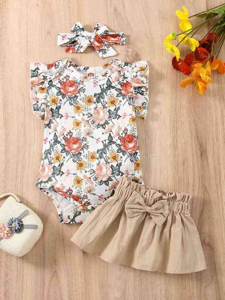 Bebê floral impressão bodysuit saco de papel cintura saia dianteira com headband ela