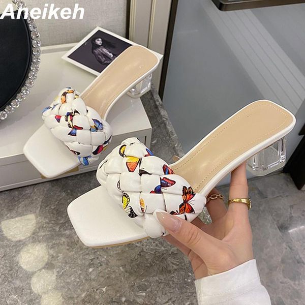 

aneikeh 2021pu slippers women summer head peep toe square heel fashion slides ladies totem checkered mixed colors shallow casual, Black
