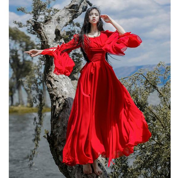 

casual dresses red women's vintage flare sleeve fold high waist elegant chiffon mid dress big pendulum bohemian beach long white female, Black;gray