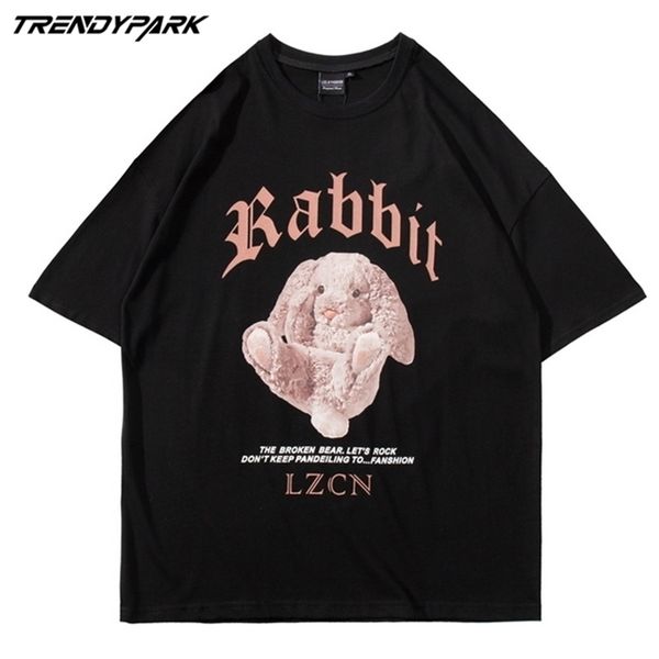 

men streetwear oversize tshirt hip hop harajuku rabbit doll printed vintage t-shirt summer short sleeve tees t shirt 210716, White;black