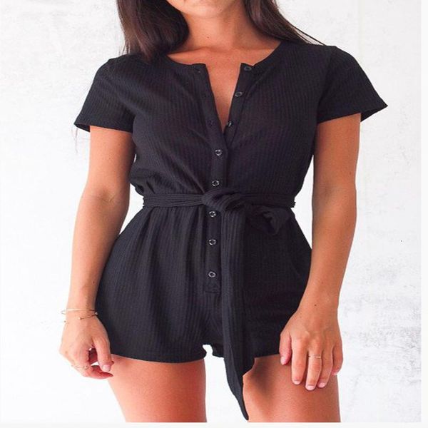 

women's jumpsuits & rompers summer casual solid color button strap body shaping bodysuit fashion slim short paragraph jumpsuit, Black;white