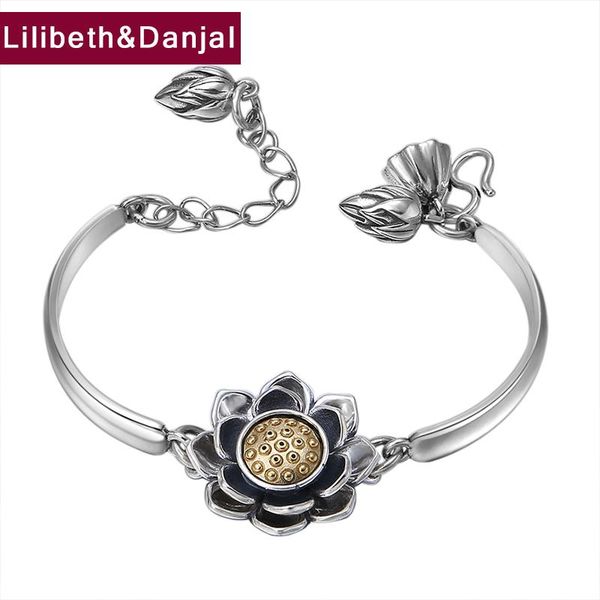 

charm bracelets 2021 creative bracelet 100% real 925 sterling silver for men women rotatable lotus bangle jewelry accesorios hombre b01, Golden;silver