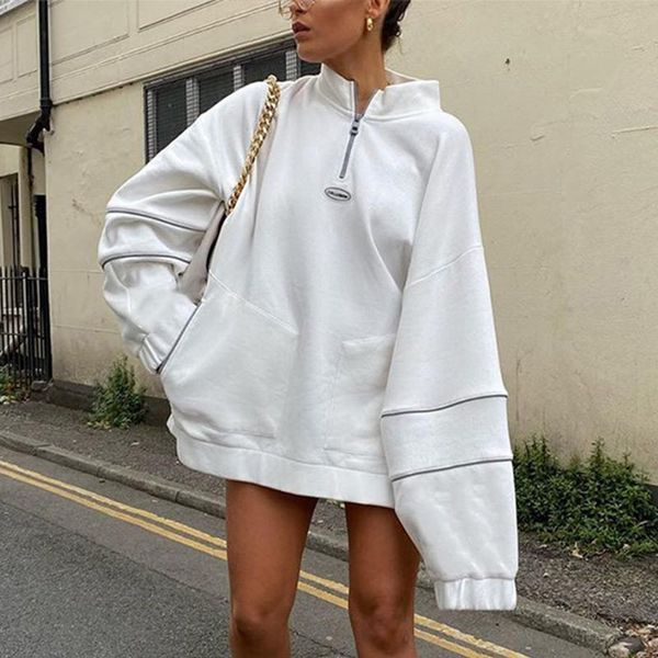 

women's hoodies & sweatshirts drop-shoulder white women streetwear half high collar long sleeve pullover female loose 2021 autumn pocke, Black