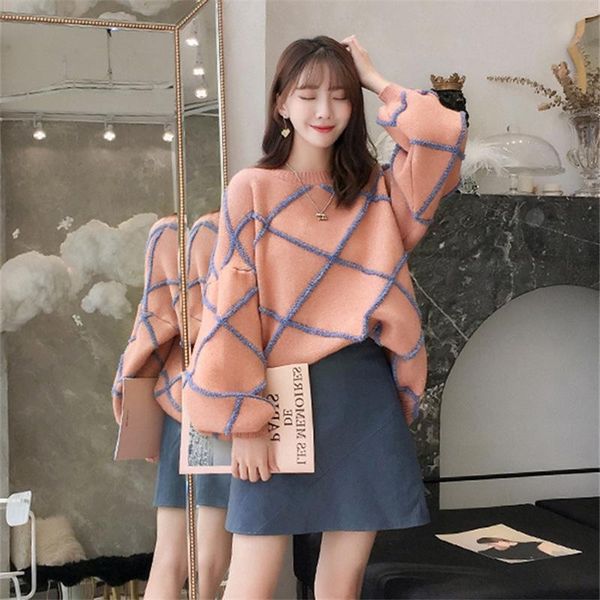 

women's sweaters 2021 fall/winter pullover sweater women loose plus size korean version of the color matching diamond coat, White;black