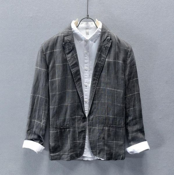 

men's suits & blazers 8203 men spring fall fashion japan style plaid v-neck long sleeve striped pure linen suit male business c, White;black