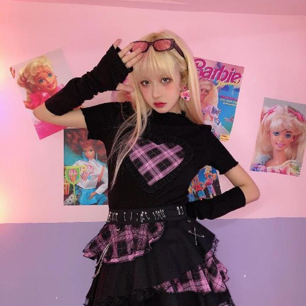 

women's t-shirt gothic women t-shirts 2021 patchwork plaid heart split sleeves e girl kawaii y2k alt aesthetic vintage punk clothes, White