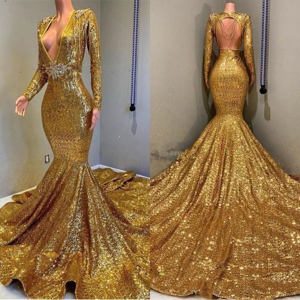 Sexy profundo vice-pescoço de idade sereia de ouro vestido de baile 2022 manga longa aberta volta lantejoulas formação formal vestidos de festa de celebridade