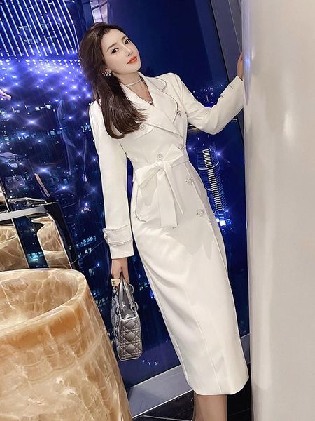 

women's trench coats white double breasted windbreaker mid long 2021 autumn korean version british style slim temperament coat, Tan;black