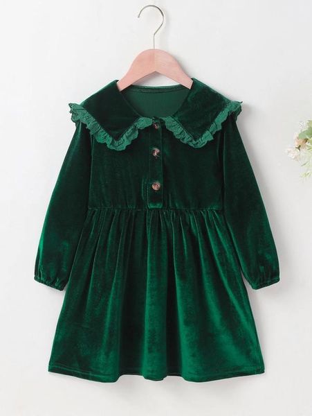 

toddler girls eyelet embroidery frill trim statement collar velvet dress she, Red;yellow