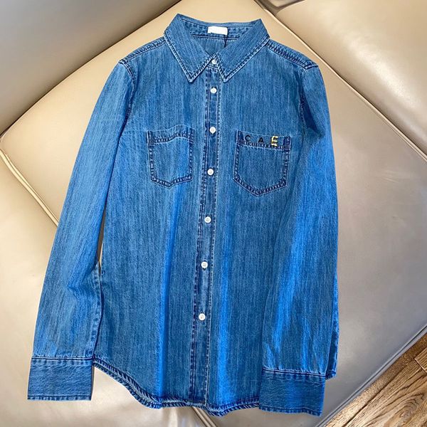 

2021 early autumn small fragrance embroidered metal letters heavy industry washed denim women's casual lapel shirt, White
