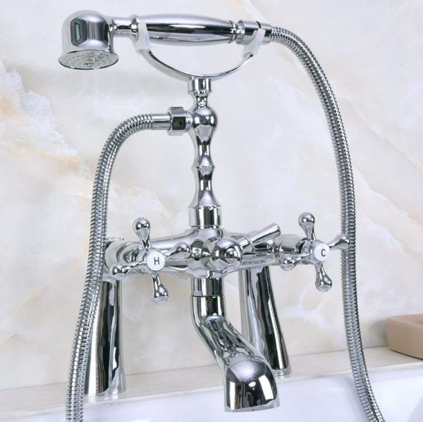 

polished chrome brass deck mount bathroom tub faucet dual cross handles telephone style hand shower clawfoot filler ana124 sets