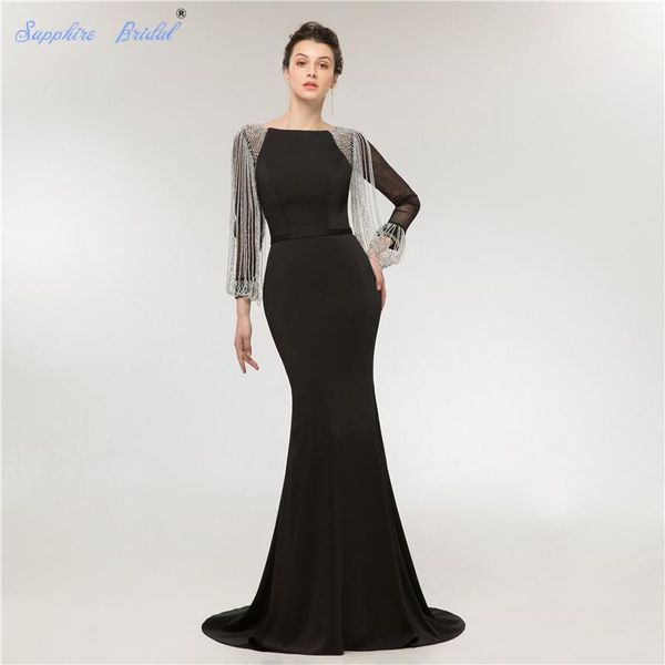 

party dresses sapphire bridal dubai long sleeve beads tassels mermaid evening muslim 2021 design navy blue gown longo, White;black