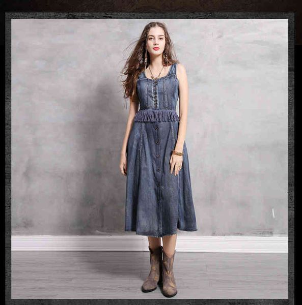 

new vintage summer women girls streetwear denim spaghetti strap empire casual mid-calf jeans dress vestidos q489, Black;gray