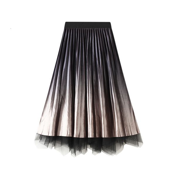 

skirts both side wear gradient veet patchwork irregular a-line tulle long pleated skirts, Black