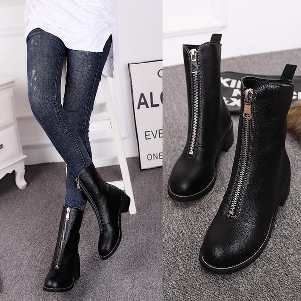 

boots bottom soft leather zipper single heel head locomotive flat, Black