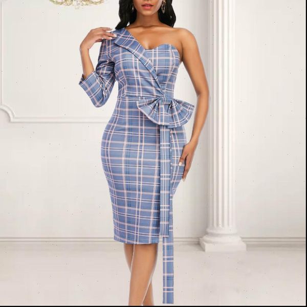 

women plaid womens dress irregular sleeve with bowtie off one shoulder bodycon slim classy plus size office lady fashion african, Black;gray