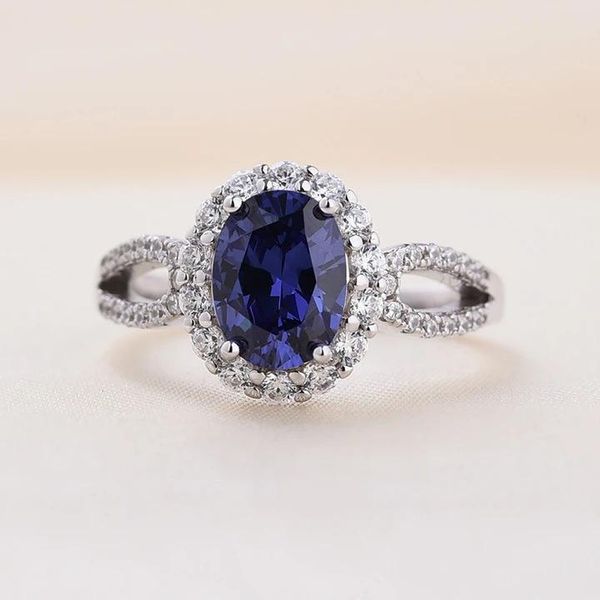 

cluster rings vintage s925 silver oval blue high carbon diamond ring for women's party anniversary jewelry 2021, Golden;silver