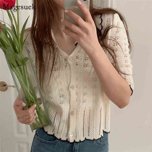 Coreano Chic Hollow Crochet Camisola Mulheres Cardigans V-Pescoço De Manga Curta Malha Cardigan Pull Femme Vintage Tops Verão 14163 210512