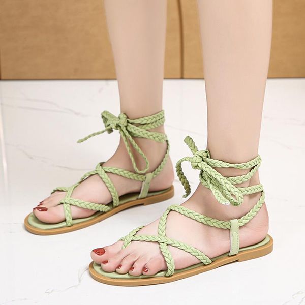 

sandals rimocy summer ankle strap women 2021 korean clip toe bandage weave flat woman comfortable roman beach shoes, Black