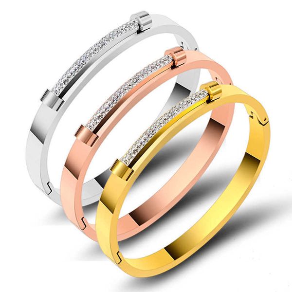 

zaer fashion brand zirconia crystals bangles bracelets for women stainless steel european lover buckle bangles valentines gift q0717, Black
