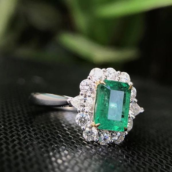 

jewelry 18k white gold 0.14ct natural emerald ring anniversary cut green gemstone women cluster rings, Golden;silver