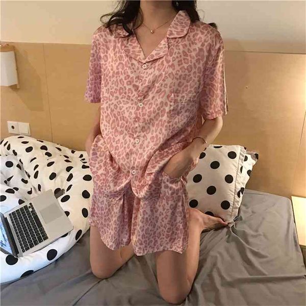 

qweek pajamas leopard print home clothes for women pijama mujer pyjama loose sleepwear summer nightie 210330, Black;red