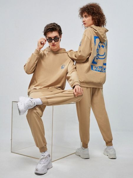 

1pc cartoon & slogan graphic hoodie & 1pc sweatpants g5a3#, Gray