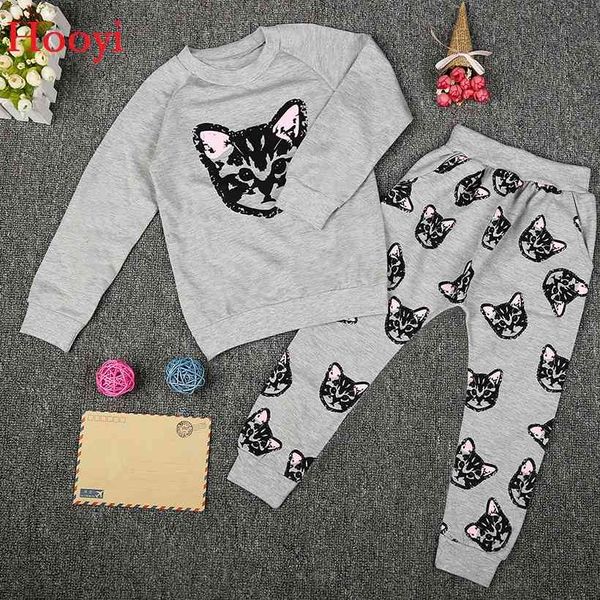 Gri Kızlar Spor Takım Elbise Kedi Çocuk Eşofman Sonbahar Bahar Bebek Kız Kazak + Pantolon Setleri Moda Kız Giysileri Tops 210413