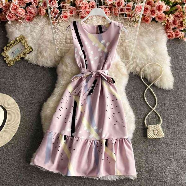 

spring round neck waist slimming sleeveless vestidos femininity a-line ruffled midi dress c680 210506, Black;gray