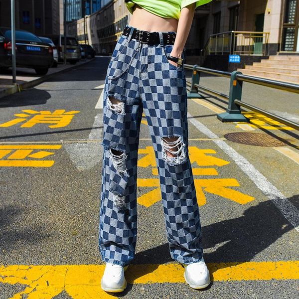 

women's jeans vintage plaid pants for women 2021 summer ripped punk clothing girls high waisted straight leg trousers gothic streetwear, Blue