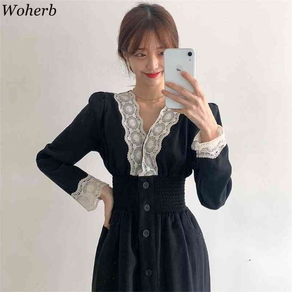 

vintage a-line dress women spring autumn korean woman lace v-neck high waist long sleeve elegant midi dresses 210519, Black;gray