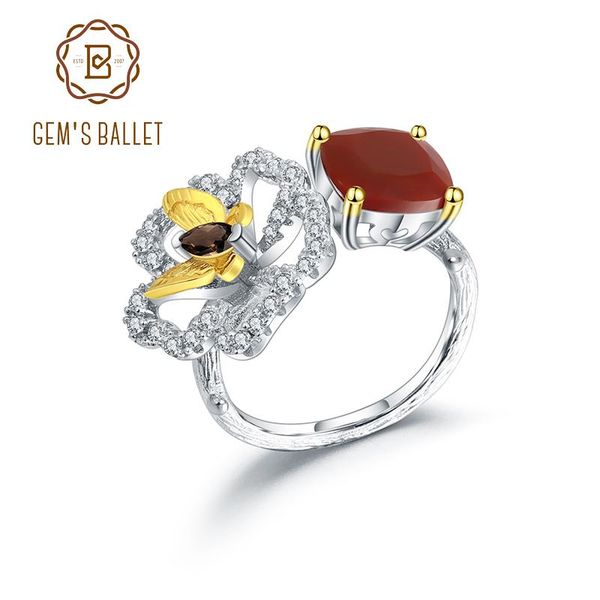 

cluster rings gem's ballet 925 sterling silver gemstone ring natural red agate butterfly flower handmade statemen for women fine jewelr, Golden;silver