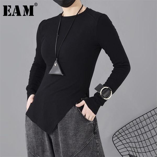 

[eam] women black asymmetrical hem temperament t-shirt new round neck long sleeve fashion tide spring autumn 1h31201 210330, White