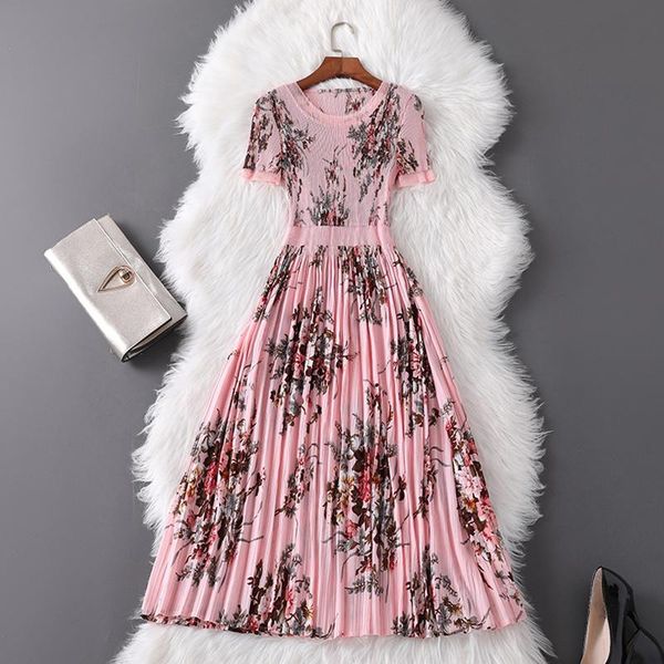 

casual dresses verdejuliay french style sweet lady pink pleated 2021 spring runway design luxury draped process floral print midi dress, Black;gray
