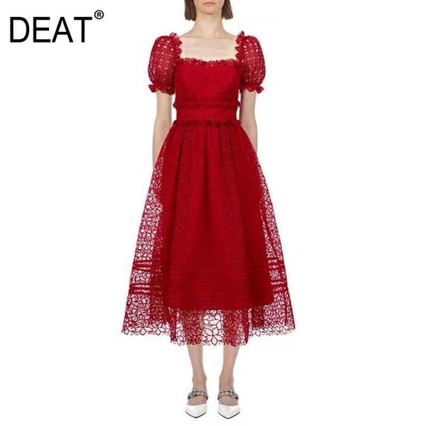 

[deat] summer fashion square collar high waist puff sleeve knee-length hollow out solid color dress women 13c536 210527, Black;gray