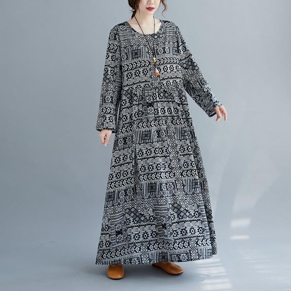 

casual dresses lone sleeve cotton floral vintage o-neck autumn women loose vestidos office lady dress elegant femme clothes 2021, Black;gray