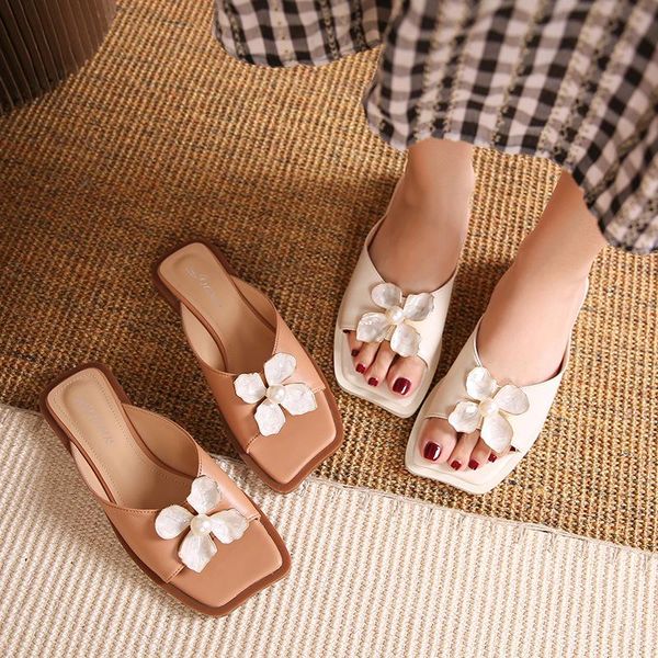 

slippers chic pearl camellia flower modern women 2021 sandalias summer beach shoes flat square toe floral slides zapatos mujer, Black