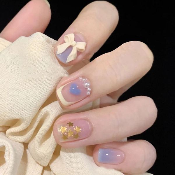 

false nails heart bow artificial manicure tool detachable short round/square head wearable nail tips fake, Red;gold
