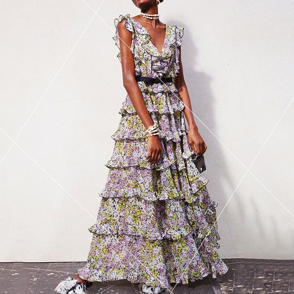 

Small fragrant wind broken flower chiffon dress summer return to ancient times light familiar wind close waist show thin V neckline big swin, Black;gray