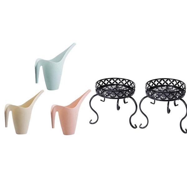 

metal small plant stand indoor outdoor floor flower pot holder rack black & 3x mini plastic watering can - 350ml equipments