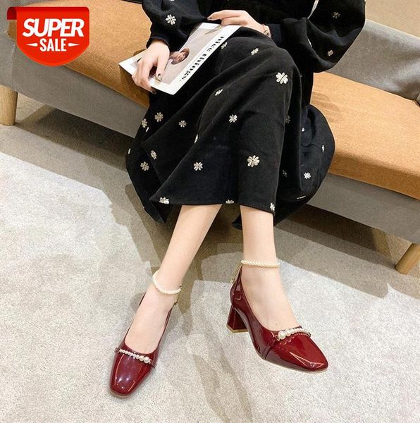 

french single shoes women's pearl square toe vintage mary jane thick heel solid color high heels #rk1t