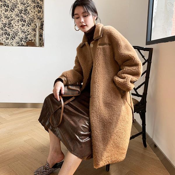 

women's fur & faux 100% wool jacket real korean vintage autumn winter coat women clothes 2021 sheep shearling skl9118 yy1672, Black