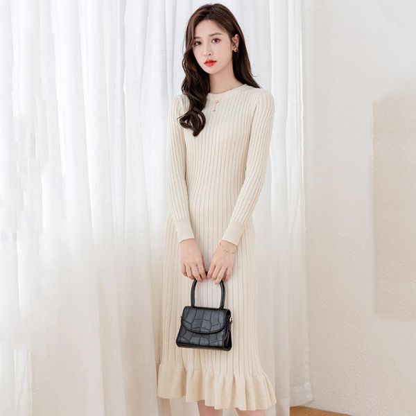 

casual dresses women's knitting round neck solid color long sleeve fishtail skirt medium and knitted dress sweater skirts, Black;gray