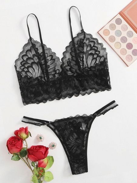 

plus scallop lace lingerie set 48q8#, Black;white