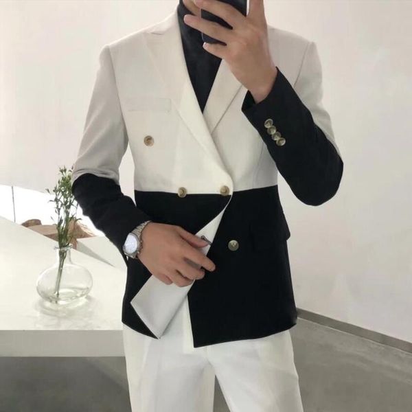 

men's suits & blazers (jacket+pants) man blazer hombre semi-black red white double-breasted masculino slim wedding prom fashion stitchi, White;black